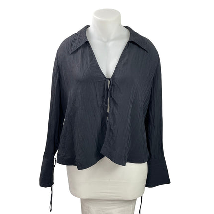 H&M Women's Gray Long Sleeve Tie Front Cuffed Collared V-neck Blouse Top Sz XL