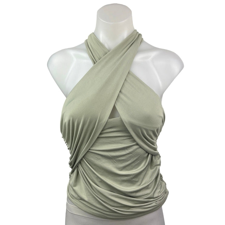 NEW Oh Polly Green Khaki Criss Cross Wrap Halter Ruched Blouse Tank Top Size 4