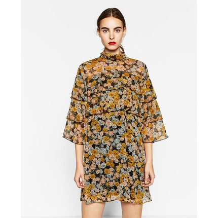 Zara Yellow Floral Ruffled 3/4 Sleeve High Neck Babydoll Mini Shift Dress Size S