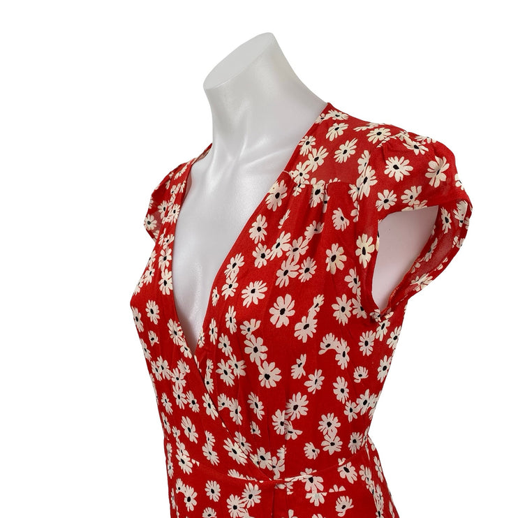 Reformation Womens Oopsie Daisy Carina Red Floral Midi Flare A-Line Wrap Dress S