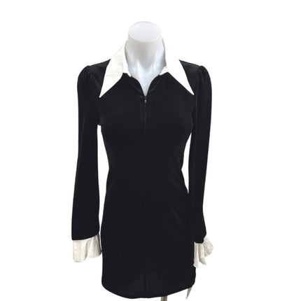 NEW Commense Black Velvet Velour Long Sleeve 1/4 Zip Polo Mini Dress Size XS