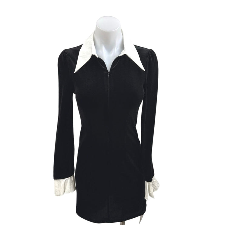 NEW Commense Black Velvet Velour Long Sleeve 1/4 Zip Polo Mini Dress Size XS