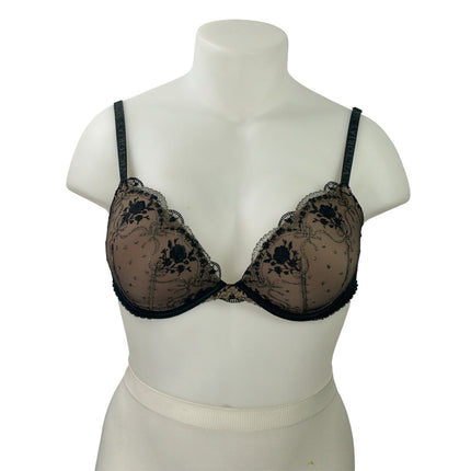Victoria's Secret Very Sexy Black Nude Mesh Embroidered Scalloped Push-up Bra XL