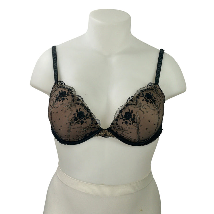 Victoria's Secret Very Sexy Black Nude Mesh Embroidered Scalloped Push-up Bra XL