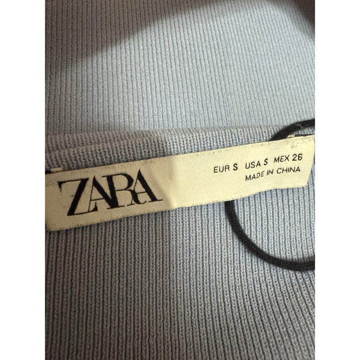 Zara Women's Blue Mesh Short Sleeve Ribbed Knit Sculpt Cropped Blouse Top Size S