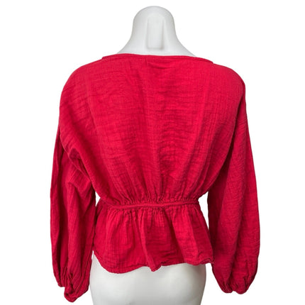 ASOS Design Red Long Sleeve Smocked V-neck Tie Front Peplum Shirt Blouse Top 10