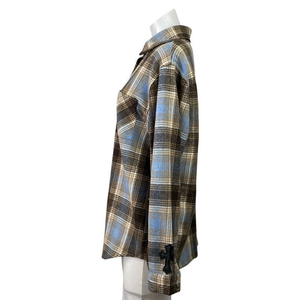 Chrome Hearts Brown Plaid Flannel Leather Cross Patch Button Down Shirt Top Sz L