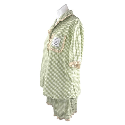Fiarady Green Gingham Check Ruffle Button Up Shirt Short Sleepwear Pajama Set XL