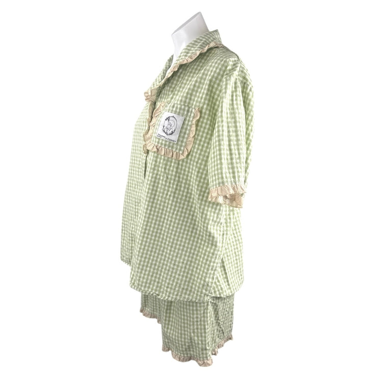 Fiarady Green Gingham Check Ruffle Button Up Shirt Short Sleepwear Pajama Set XL