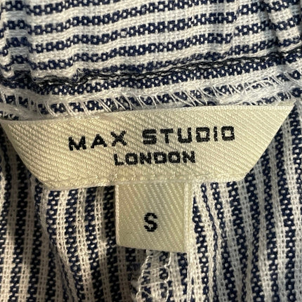 Max Studio Navy Blue Linen Striped High Rise Tie Wide Leg Trousers Pants Size S
