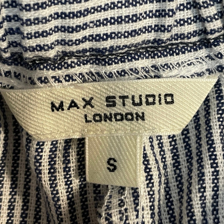 Max Studio Navy Blue Linen Striped High Rise Tie Wide Leg Trousers Pants Size S