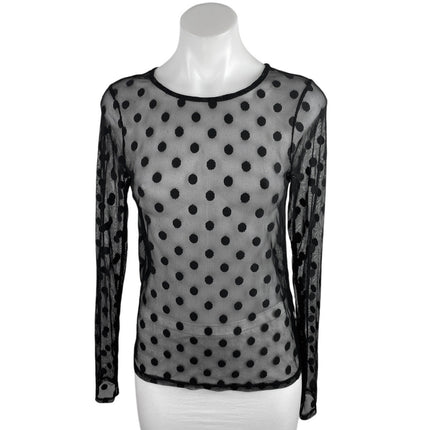 Zara Women Black Long Sleeve Polka Dots See Through Mesh Sheer Blouse Top Size 8