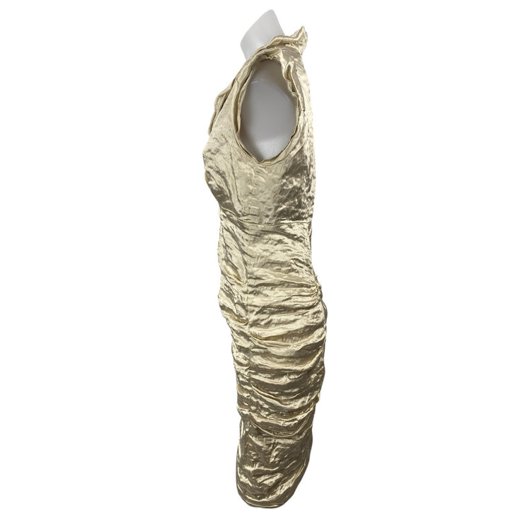 Nicole Miller Gold Metallic Cap Sleeve Surplice V Neck Ruched Mini Dress Size 12