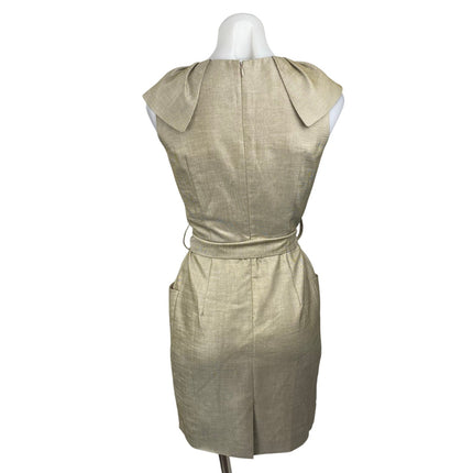 Mojo. S. Phine Women's Gold Ruffle Pleated Belted Midi Sheath A-Line Dress Sz S