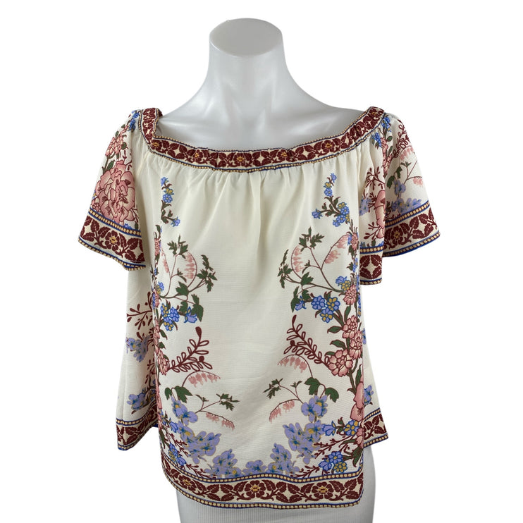 Francesca's Blue Rain Floral Off Shoulder Short Sleeve Peasant Blouse Top Size S