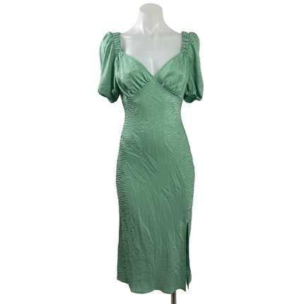 Leith Green Jacquard Short Puff Sleeve Slit Midi Bridesmaid Sheath Dress Size S