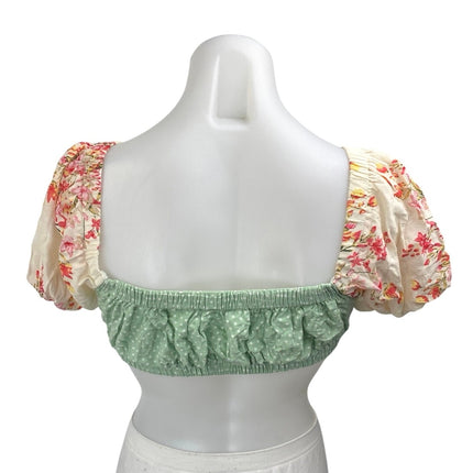 O. Vianca Green Short Puff Sleeve Polka Dots Floral Tie Blouse Crop Top Size S