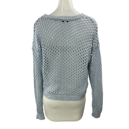 Hooked Up Women's Blue Gray Open Knit Crochet Long Sleeves Crop Sweater Top Sz S
