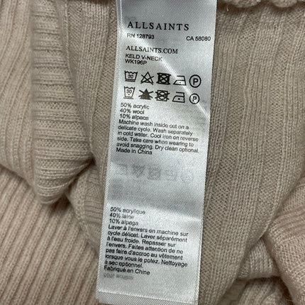 AllSaints Women's Beige Ribbed Knit Wool V Neck Asymmetric Sweater Top Size L