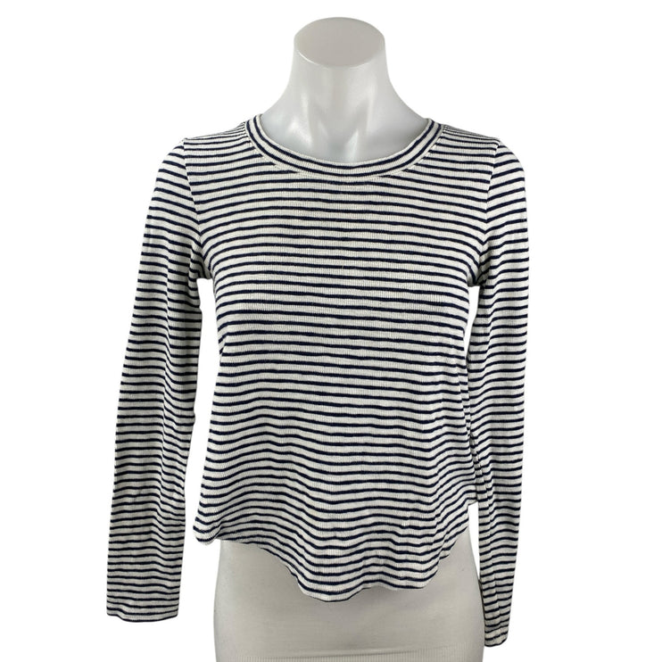 Madewell Women's Black White Striped Ribbed Knit Crew Neck Long Sleeve Top Sz S