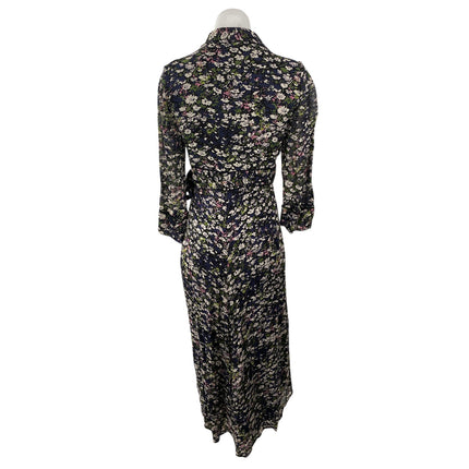 Ganni Georgette Multicolor Floral Long Sleeve Asymmetrical Hem Midi Wrap Dress M