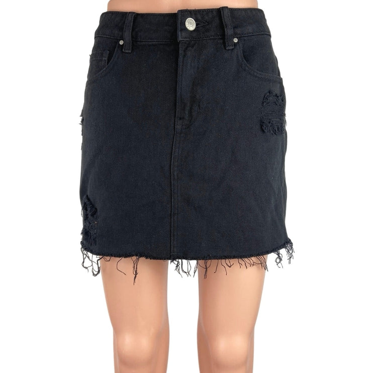 Pacsun Black Denim Distressed Frayed Raw Hem Button Zipper Mini Casual Skirt 26