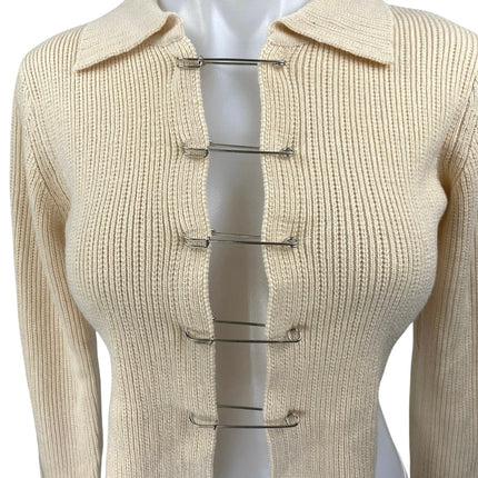 NEW Rehab Lab Beige Ribbed Knit Long Sleeve Pin Collar Cardigan Crop Top Size S