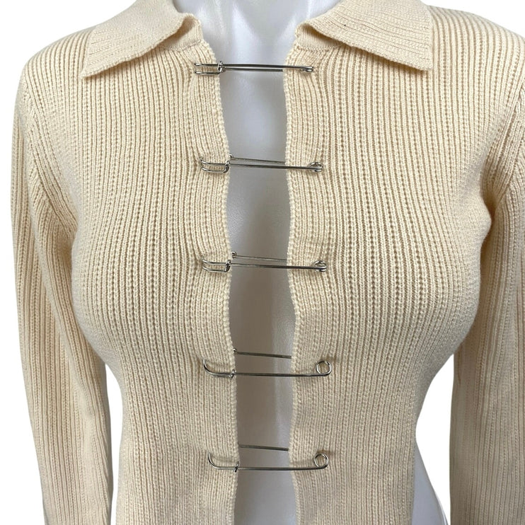 NEW Rehab Lab Beige Ribbed Knit Long Sleeve Pin Collar Cardigan Crop Top Size S