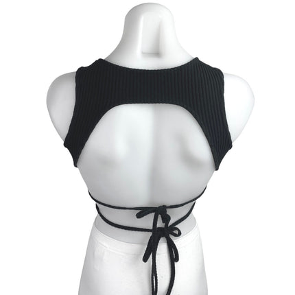 White Fox Women's Black Rib Knit Sleeveless Backless Tie Back Crop Tank Top Sz S