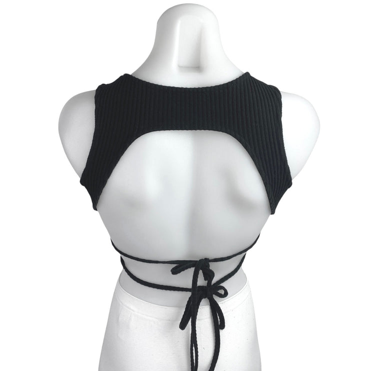 White Fox Women's Black Rib Knit Sleeveless Backless Tie Back Crop Tank Top Sz S
