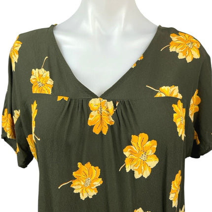 Madewell Rhyme Olive Green Yellow Fall Flowers V-neck Short Sleeve Blouse Top XS