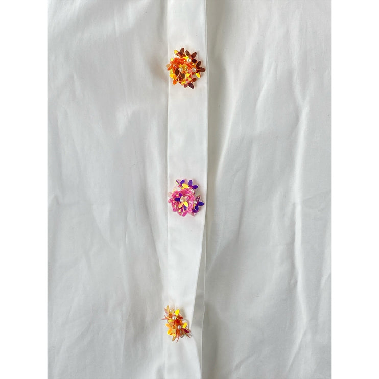 Sarto White Beaded Button Down Heart CutOut Long Sleeve Shirt Blouse Top Size S