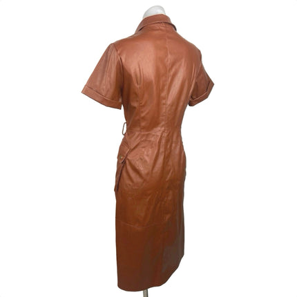 Zara Tan Brown Faux Leather Button Down Short Sleeve Pockets Midi Shirt Dress M