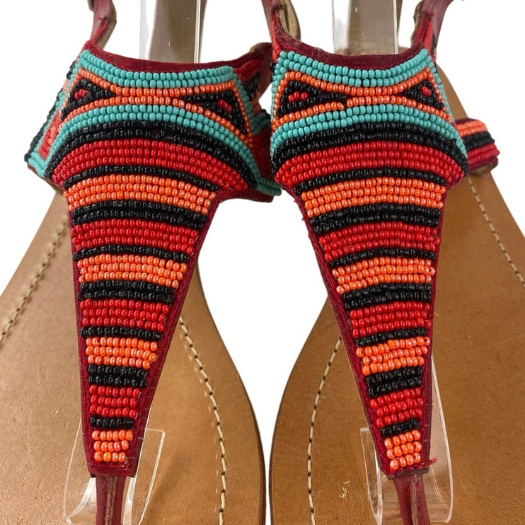 Twist Multicolor Striped  Beaded T-Strap Slingback Buckle Flats Sandals Size 8.5