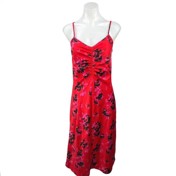 A New Day Red Floral Silk Satin V Neck Sleeveless Ruched Midi Dress Size XS