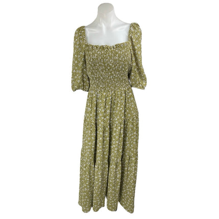 Ann Taylor Green Floral Short Sleeve Smocked Ruffle Tiered Maxi A-Line Dress 8