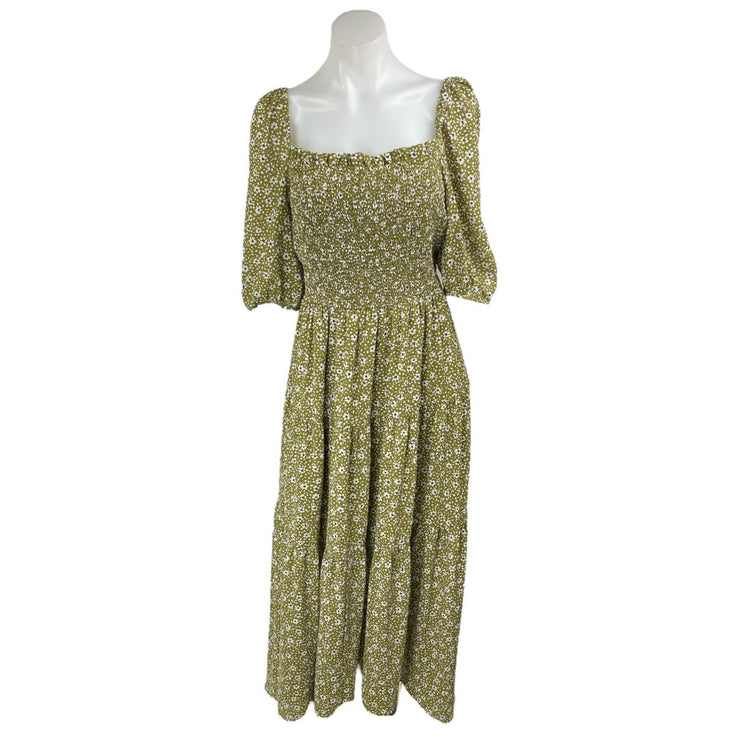 Ann Taylor Green Floral Short Sleeve Smocked Ruffle Tiered Maxi A-Line Dress 8