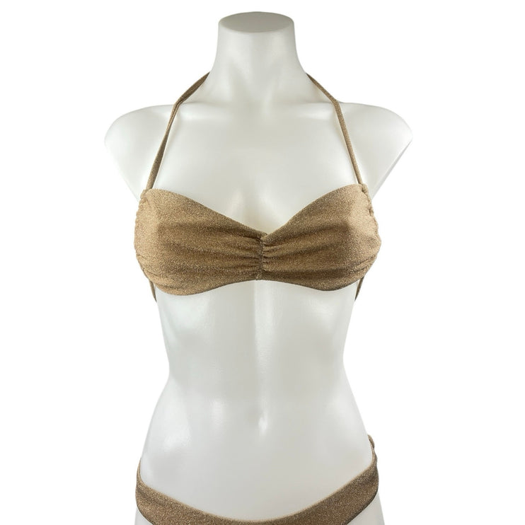 Princess Polly Gold Metallic Halter Bandeau Bikini Two Piece Swimsuit Size 2/4