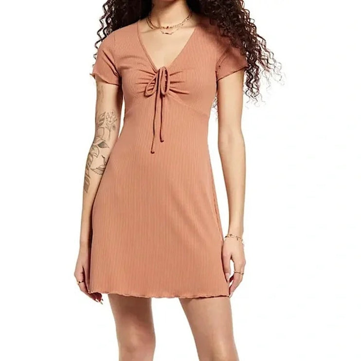 BP. Brown Short Sleeve Ribbed Knit Tie Ruched Lettuce Mini A Line Dress Size M