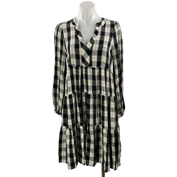 Anthropologie Maeve Amber Black White Plaid Tiered Mini Tunic Shirt Dress Size S