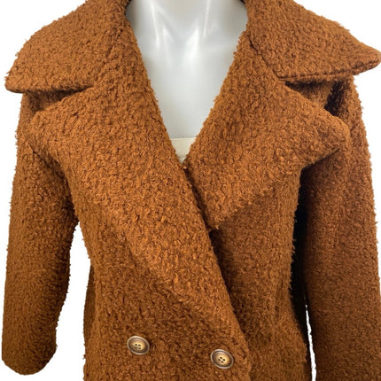 Glocal Brown Teddy Fleece Double Breasted Longline Trench Pea Coat Jacket L/XL