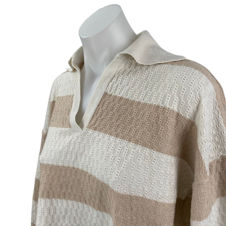 Princess Polly Beige White Striped Textured Knit Long Sleeve Polo Sweater Top 4