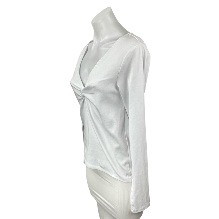 NEW MNG Mango Women's White Twist Front Deep V Neck Long Sleeve Blouse Top Sz XL