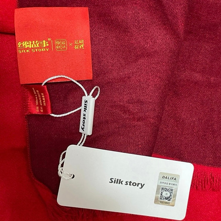 NEW Silk Story Women's Red Two Tone Fringe Wrap Shawl Neck Scarf Size OS