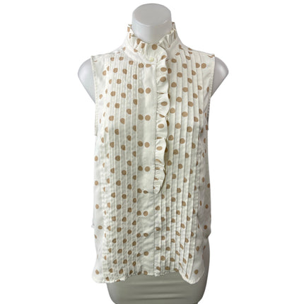 Ann Taylor White Polka Dot Pleated Ruffle Mock Neck Sleeveless Tank Blouse Top S