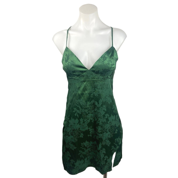 Shein Bae Green Crisscross Tie Back Split Hem Jacquard Mini Cami Slip Dress Sz 4