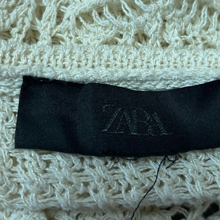Zara Cream Beige Open Knit Long Sleeve Button Down Cardigan Sweater Top Size S