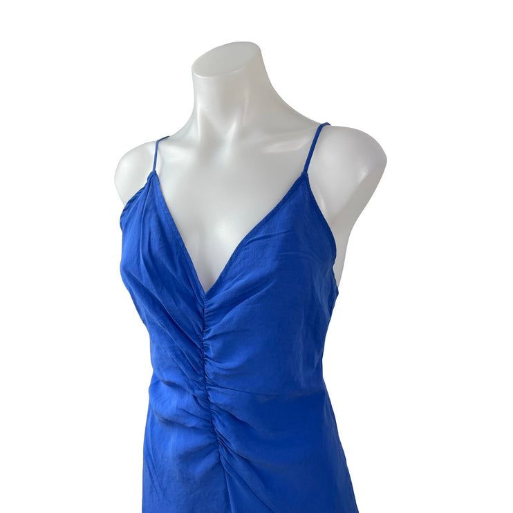Zara Cobalt Blue Sleeveless V Neck Cami Tank Ruched Backless Maxi Dress Size M