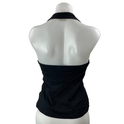 Kookai Women's Black Ribbed Knit Halter Twist Front V Neck Blouse Top Size 8