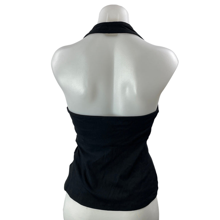 Kookai Women's Black Ribbed Knit Halter Twist Front V Neck Blouse Top Size 8